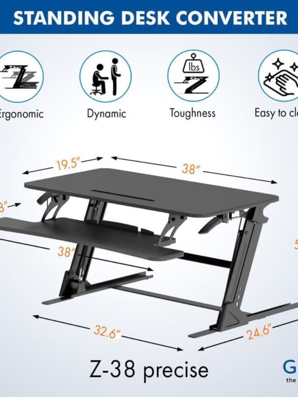 38″ Wide Standing Desk Converter – Sit-to-Stand Workstation for Dual Monitors, H - Picture 3 of 8